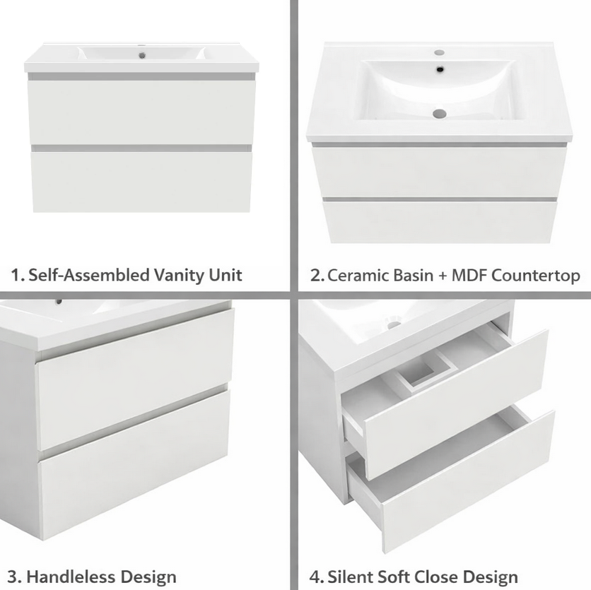 Vanity unit features including soft close drawers and handleless design