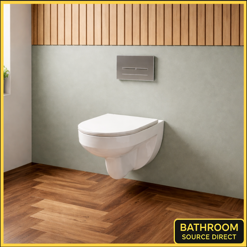 Vetra wall hung rimless toilet with soft close seat installed in a modern Scandinavian bathroom with sage green wall, oak slat panels and walnut herringbone flooring