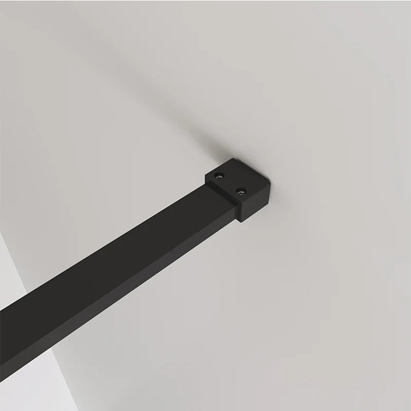 Wall fixing bracket detail of black support bar for Vitrano walk in shower screen with 8mm glass