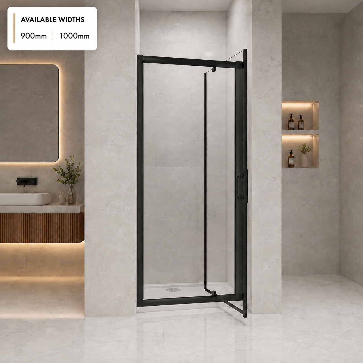 Vitrano matt black pivot shower door available in 900mm and 1000mm widths