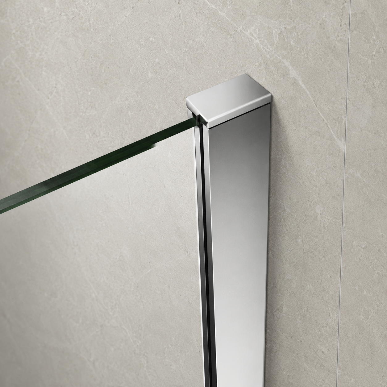 A modern rectangular glass shower or bathroom wall mount with a polished chrome finish, shown attached to a light gray stone tile wall with a glass panel extending to the left.