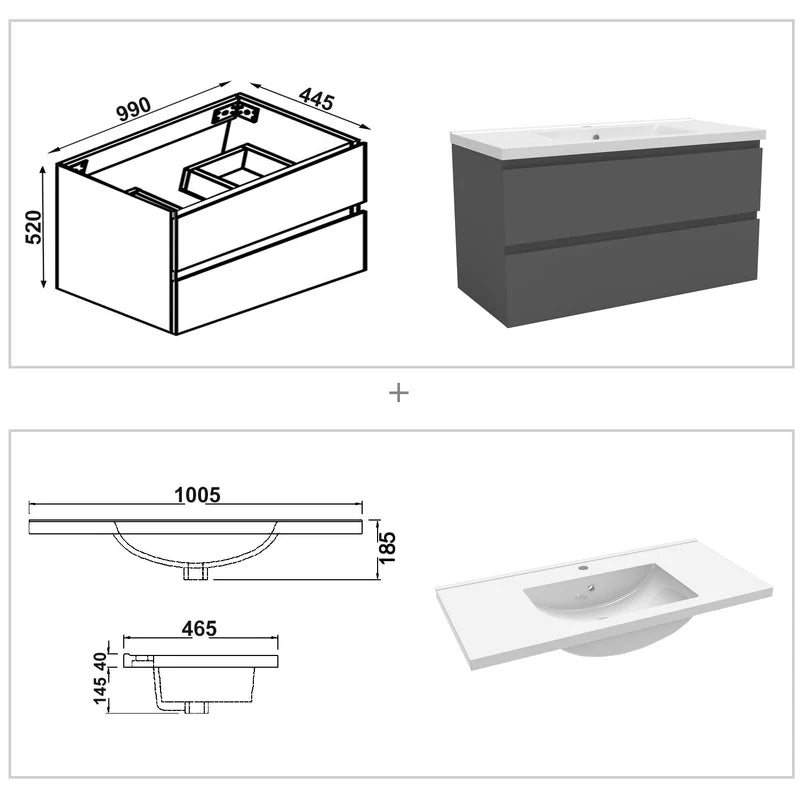 Bathroom furniture set with dimensions displayed