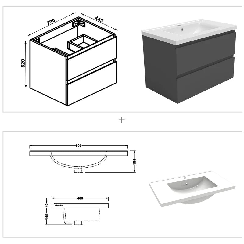 Bathroom vanity set with dimensions and additional fixtures on a white background