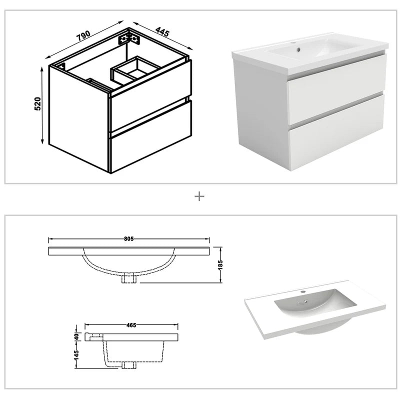 Vanity unit dimensions technical drawing with basin measurements