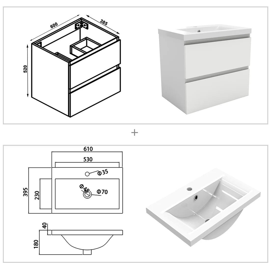 Vanity unit dimensions with basin measurements technical drawing showing width depth and height