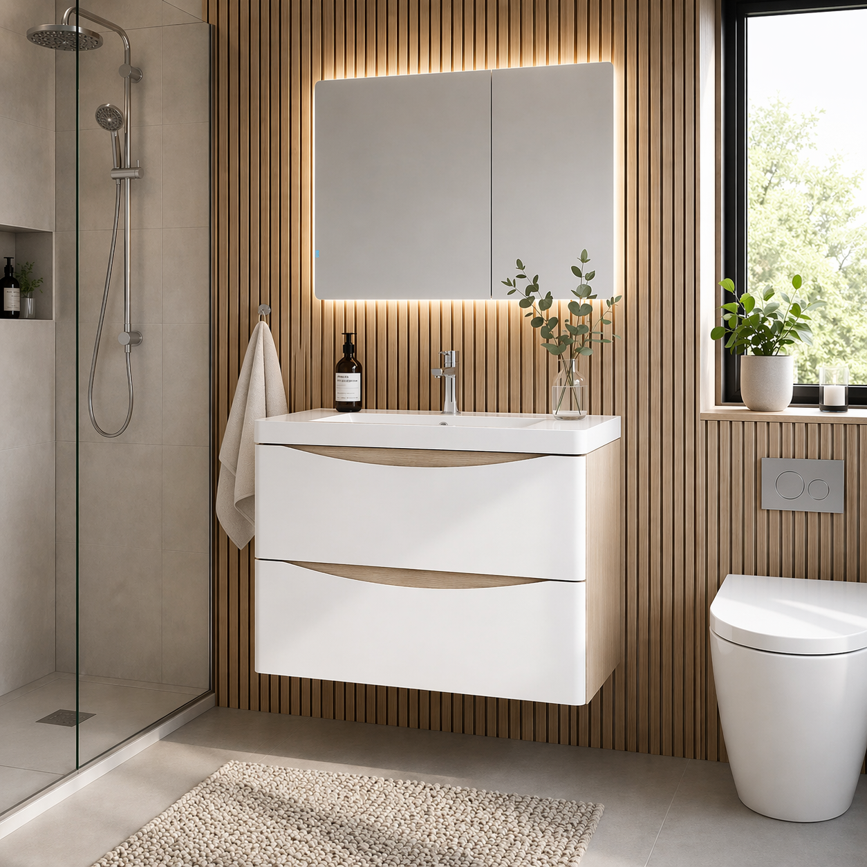 White and oak wall hung 800mm vanity unit with LED mirror in modern bathroom