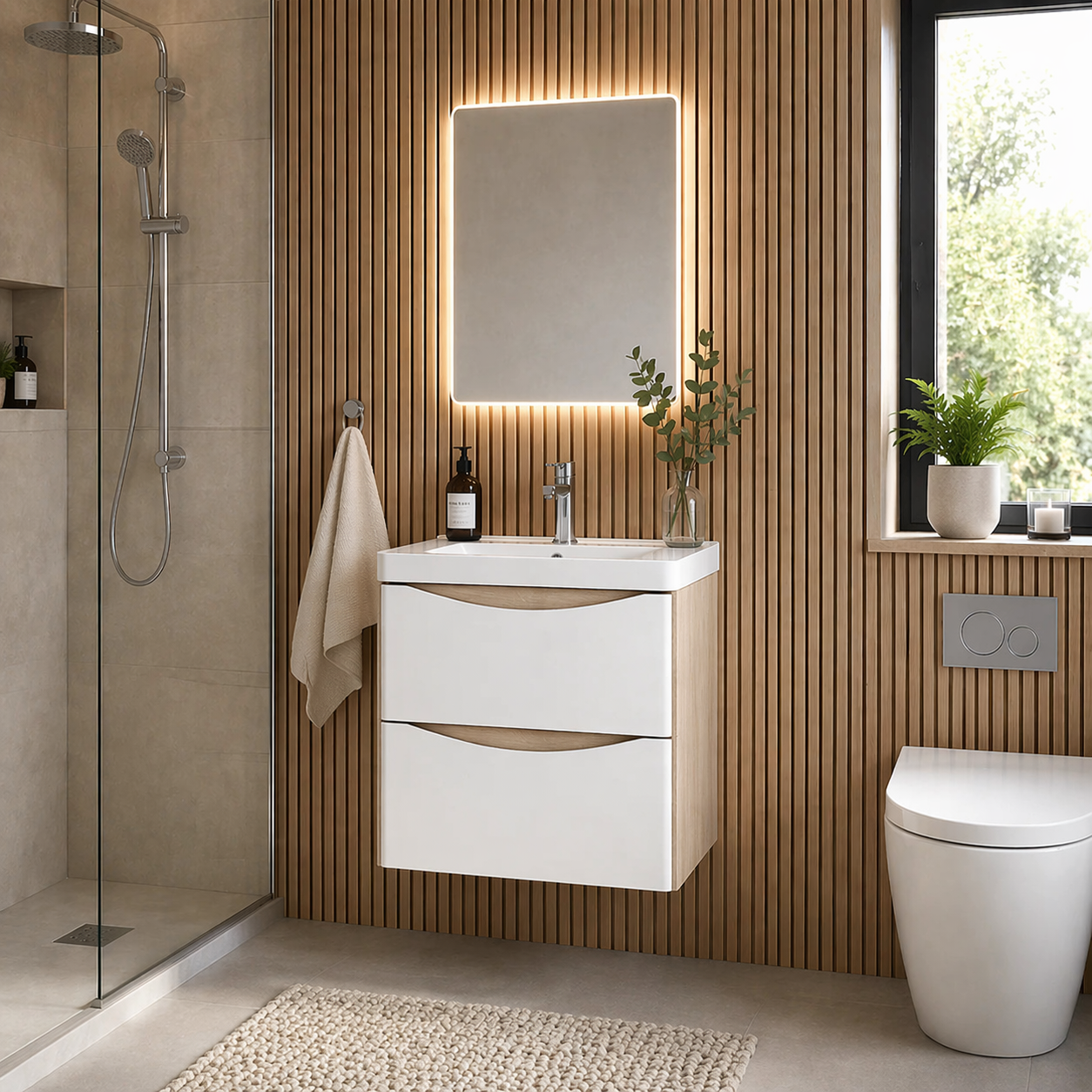 White and oak wall hung vanity unit with basin and LED mirror in modern bathroom setting