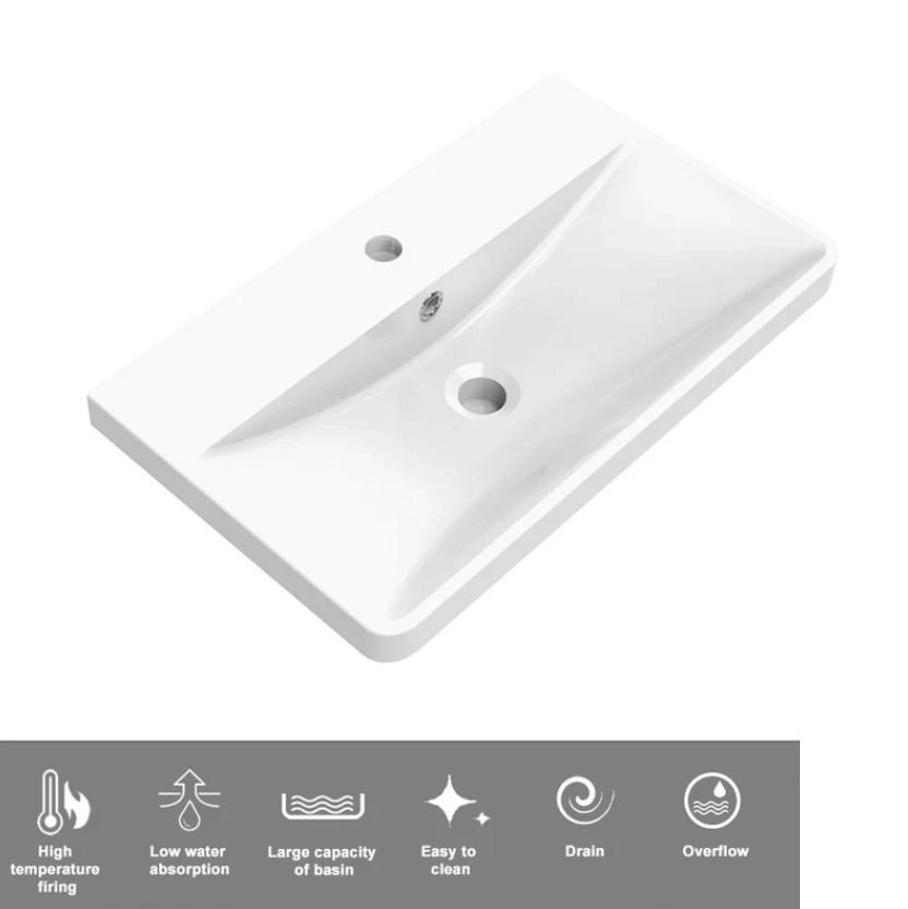 White ceramic sink on a white background with features listed below.