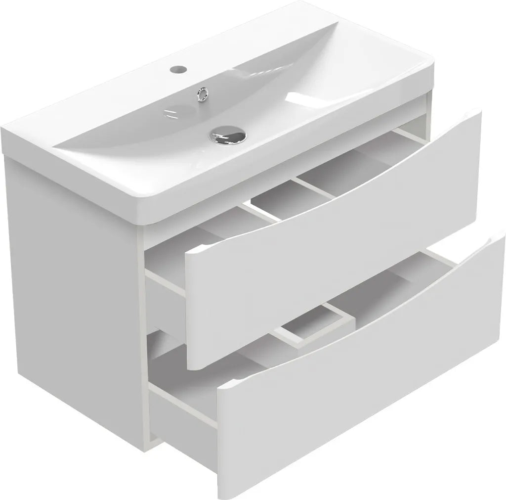 White bathroom vanity with sink and open drawers on a white background