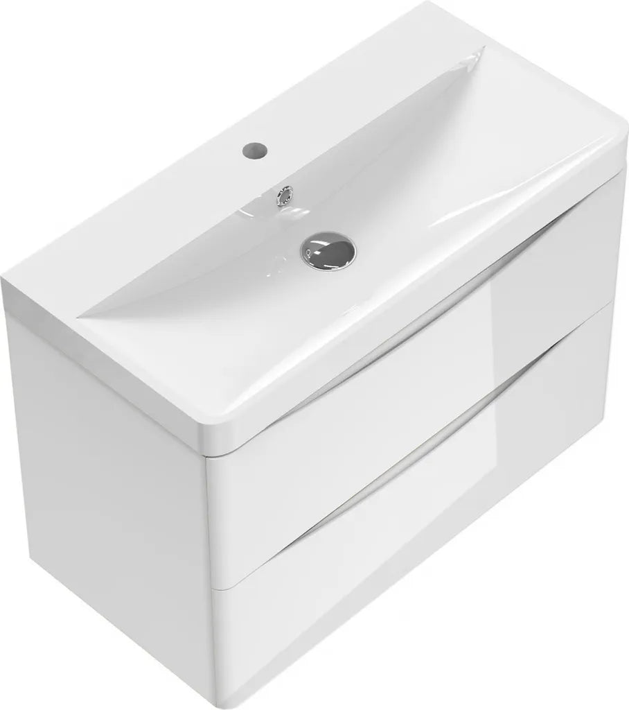White vanity unit angled view showing basin depth and design