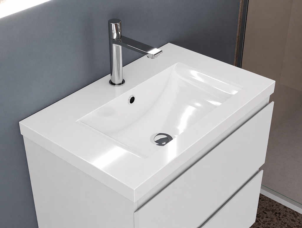 White basin vanity unit with chrome tap and modern integrated sink
