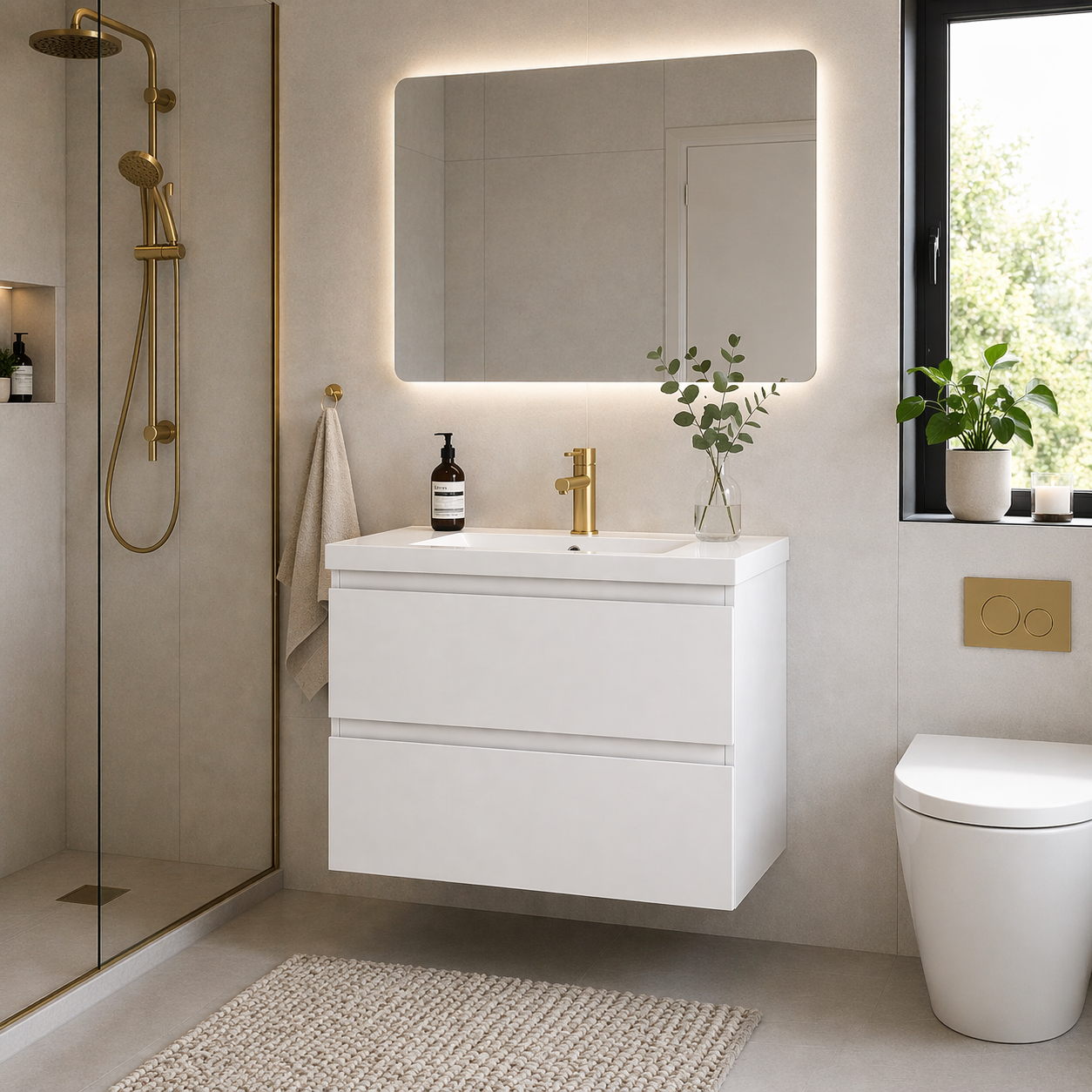White wall hung vanity unit in modern bathroom with mirror and walk in shower