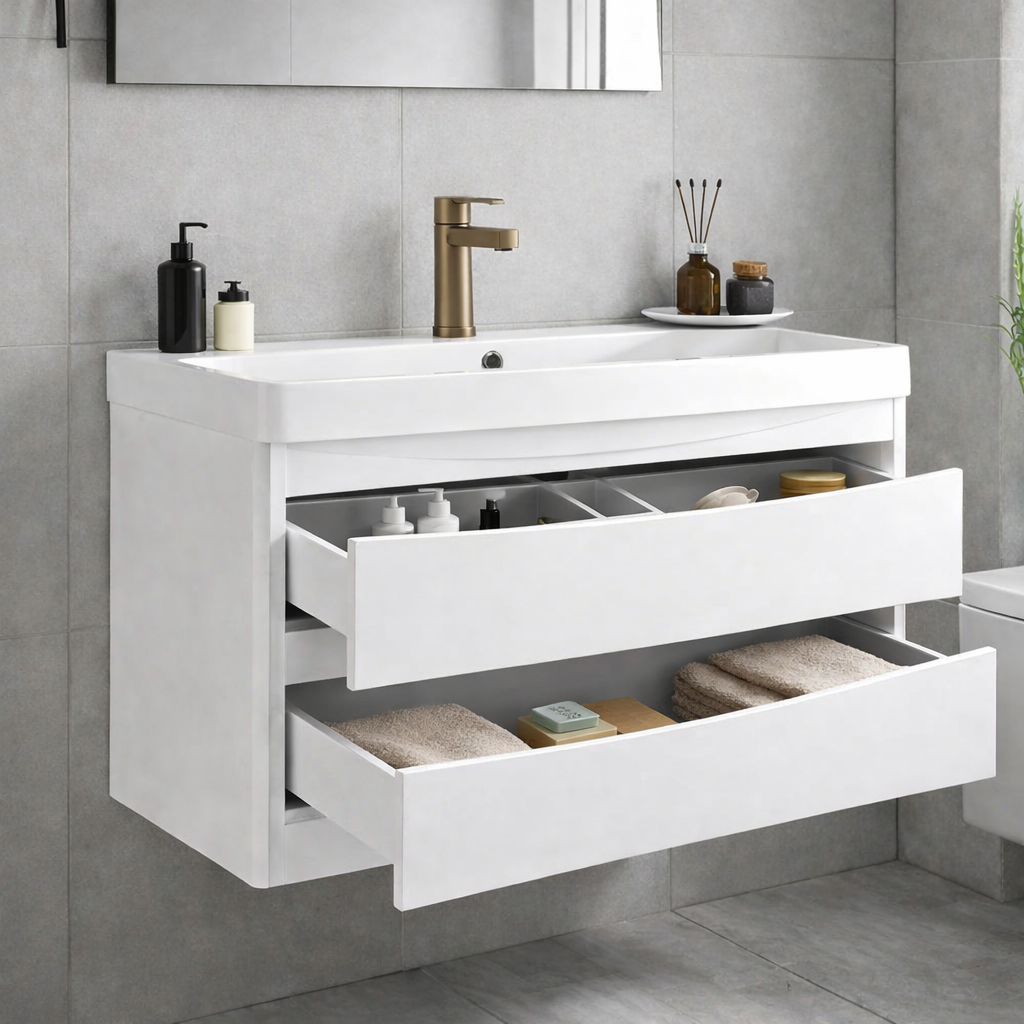 White vanity unit with drawers open showing internal storage space