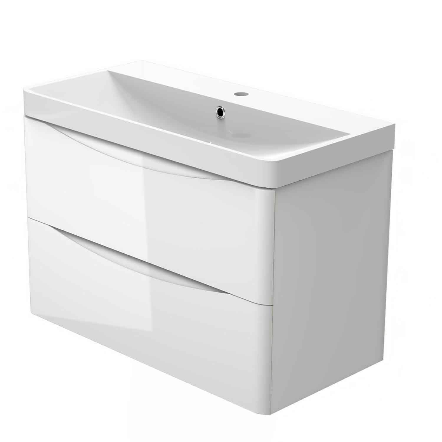 White bathroom vanity with sink on a white background