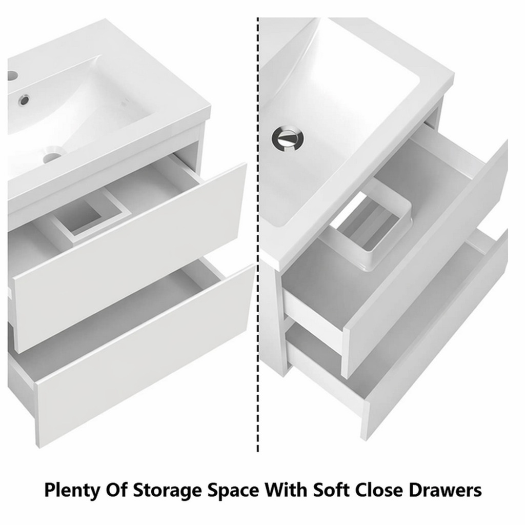 White vanity unit with soft close drawers open showing internal storage space and compartments