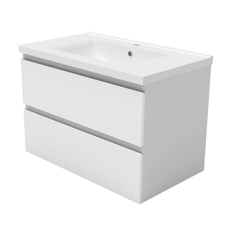 White wall hung vanity unit with basin angled view showing depth and design