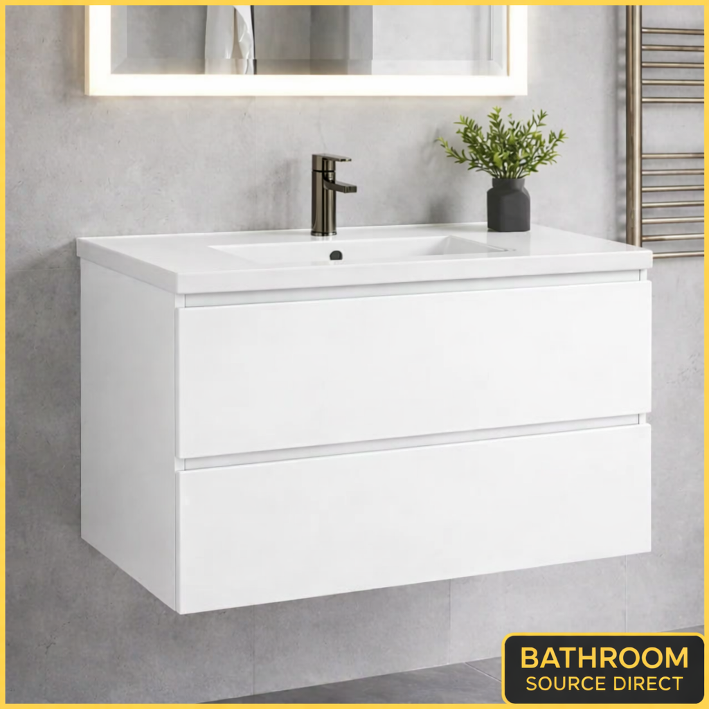 White wall hung vanity unit with basin in modern bathroom setting