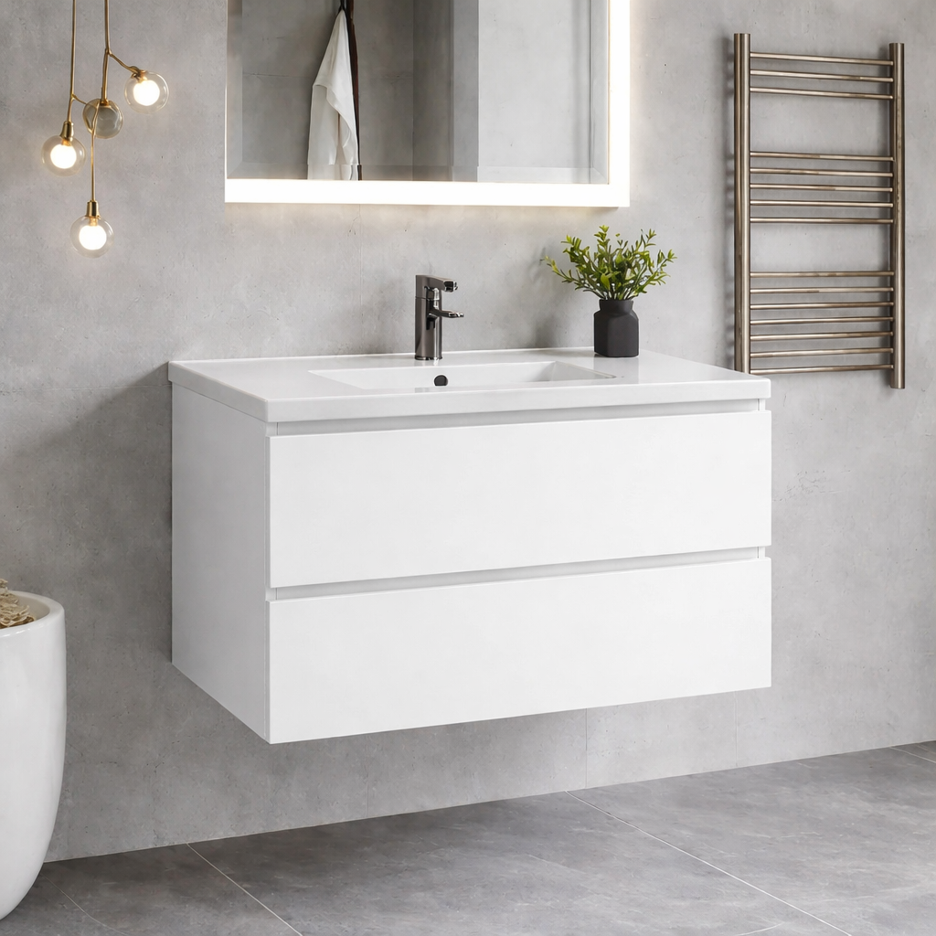 White wall hung vanity unit with basin in modern bathroom setting with LED mirror