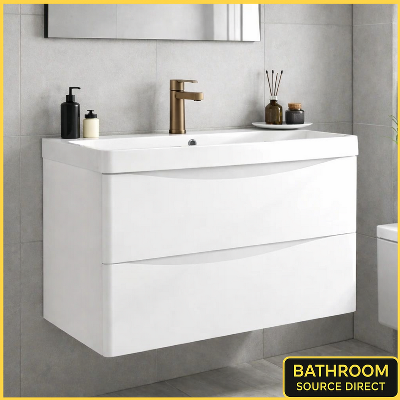 White wall hung vanity unit with basin in modern bathroom setting