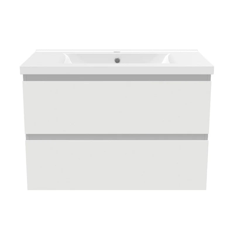 White wall hung vanity unit with basin front view minimalist design