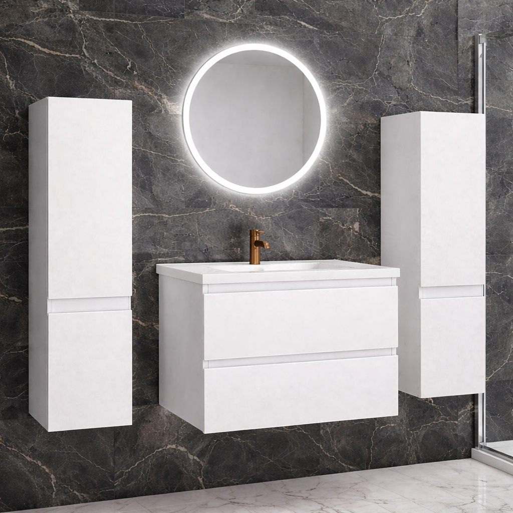 White vanity unit with matching tall cabinets and round LED mirror in modern dark marble bathroom