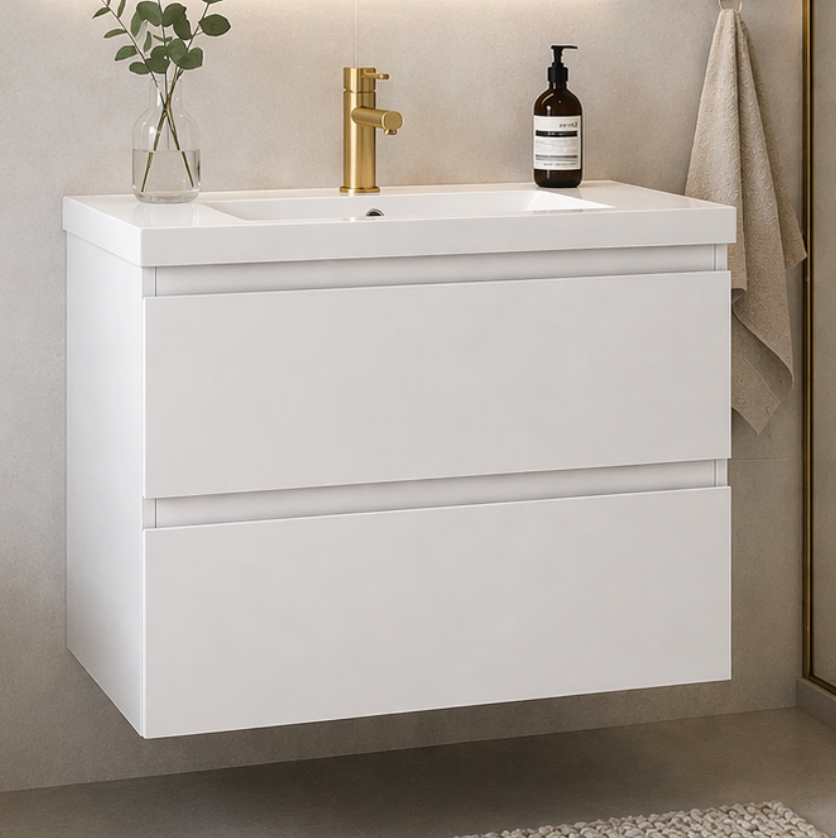 White wall hung vanity unit with basin in modern light bathroom setting