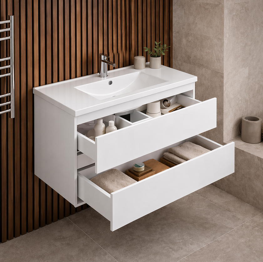 White wall hung vanity unit with open drawers showing bathroom storage space