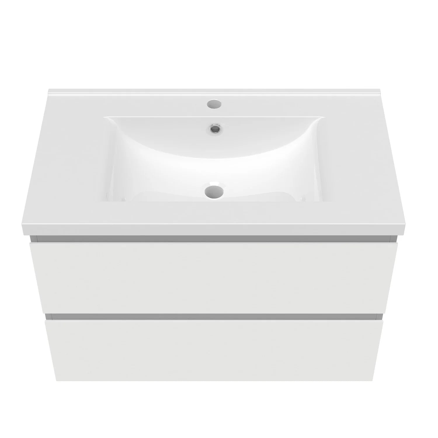 Top view of white wall hung vanity unit with integrated ceramic basin and tap hole