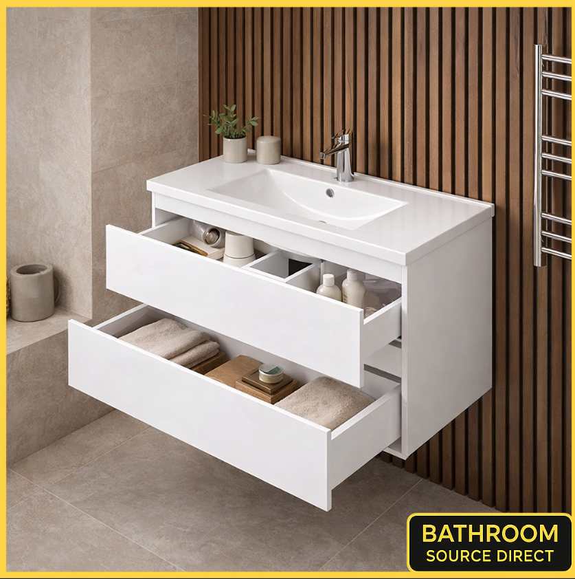 White bathroom vanity with open drawers in a bathroom setting, featuring 'Bathroom Source Direct' branding.