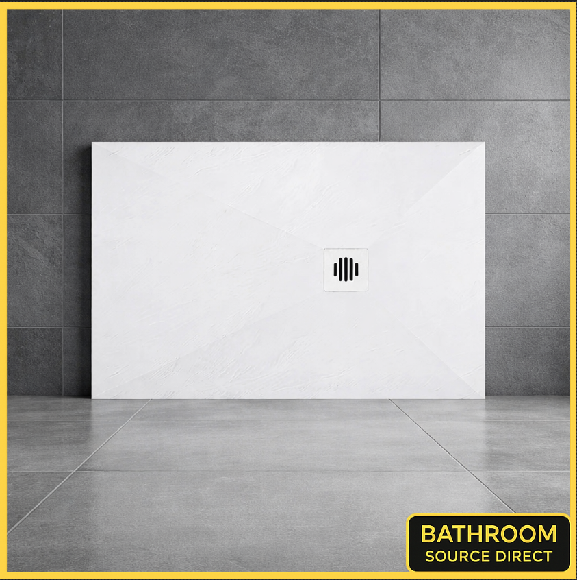 Slate Effect Rectangular Shower Tray 1200 x 700 800 900 30mm Slimline Stone Resin White