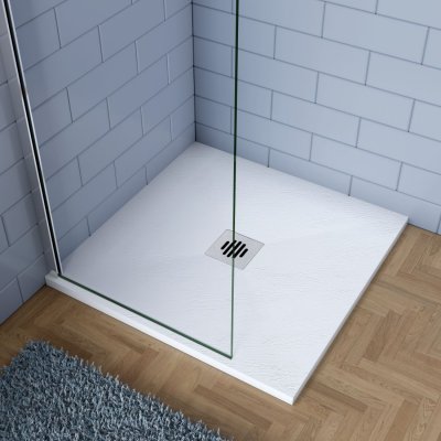 White stone square shower tray with slimline low-profile design
