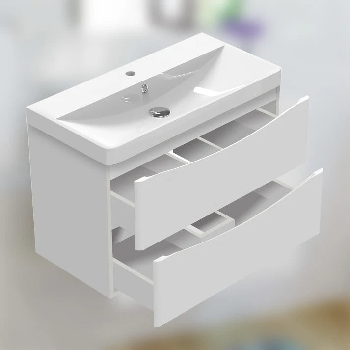 LUNA High Gloss White 800mm Wall Hung Vanity Unit with Cast Mineral Basin – 2 Drawer