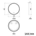 Round LED mirror front, side and back dimension diagram