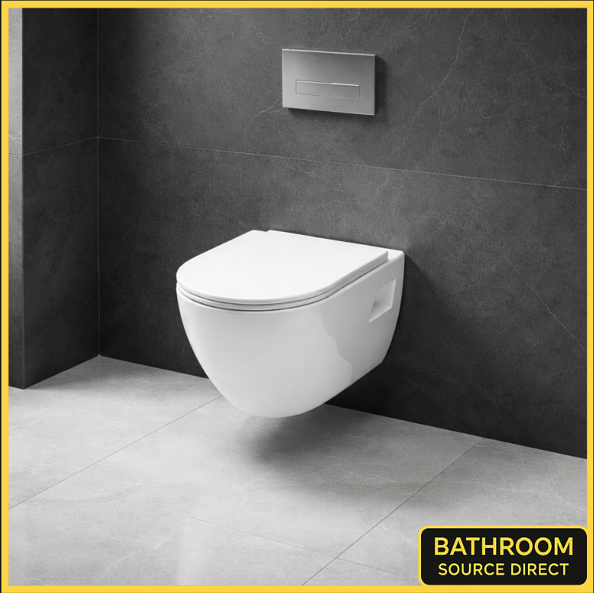 Avena rimless wall hung toilet with soft close seat installed in a modern bathroom