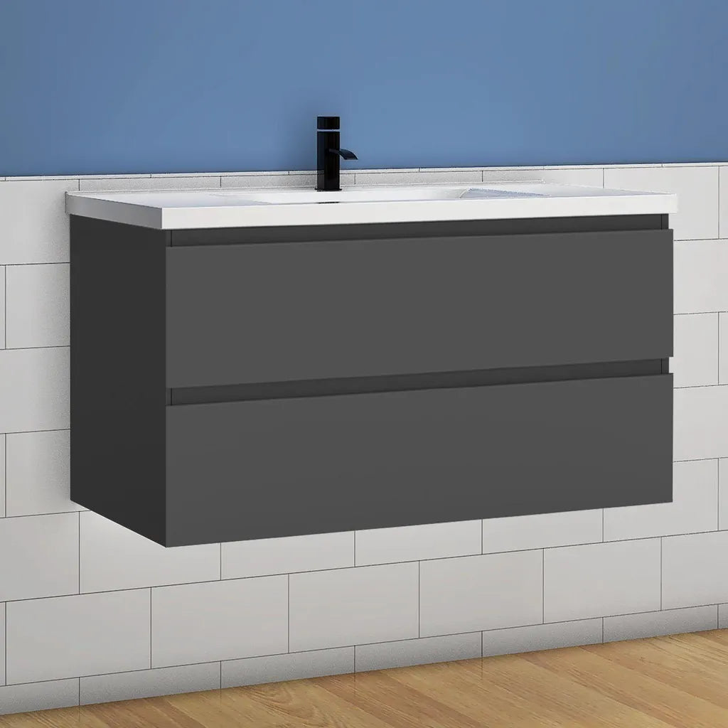 Orenza Anthracite 1000mm Wall Hung Vanity Unit with Ceramic Basin – 2 Drawer