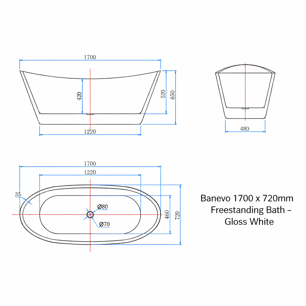 technical drawing showing dimensions of Banevo 1700 x 720mm freestanding bath