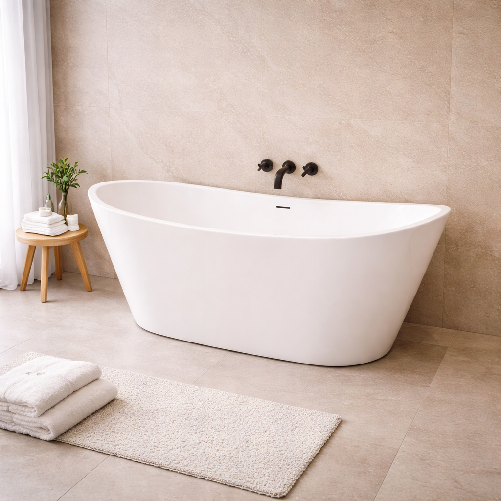 Banevo 1700 x 720mm freestanding bath in modern bathroom setting with floor standing tap