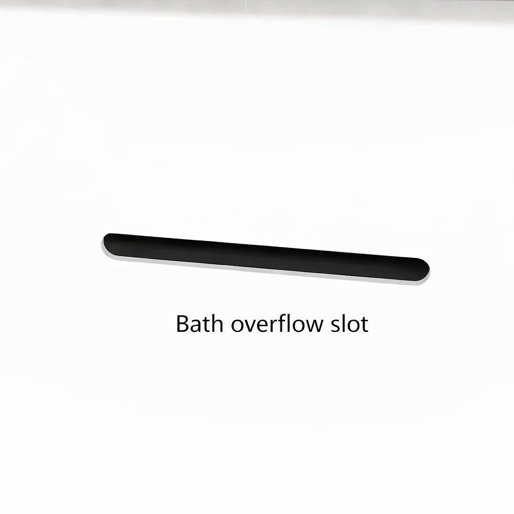Bath overflow slot detail on square freestanding bath showing minimalist design