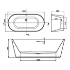 Banevo Coast freestanding bath technical drawing with accurate dimensions