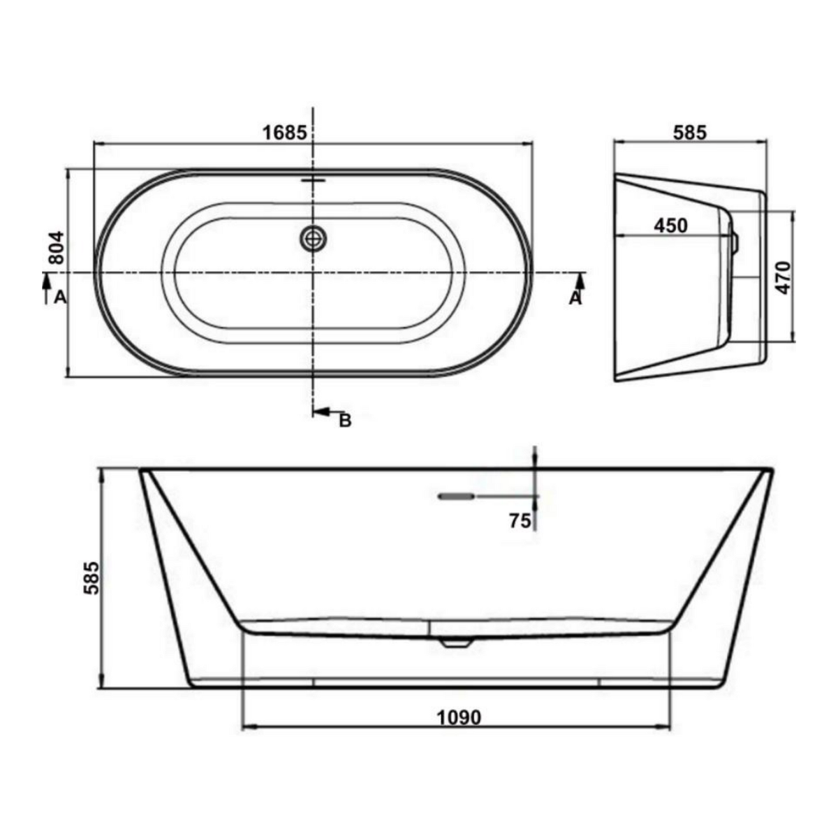 Banevo Coast freestanding bath technical drawing with accurate dimensions