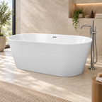 Banevo Coast white freestanding bath with chrome floorstanding tap in a warm neutral bathroom