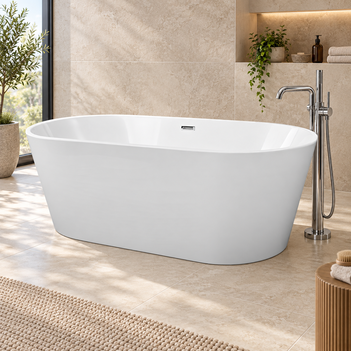 Banevo Coast white freestanding bath with chrome floorstanding tap in a warm neutral bathroom