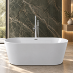 Banevo Coast white freestanding bath with chrome tap in a contemporary stone bathroom