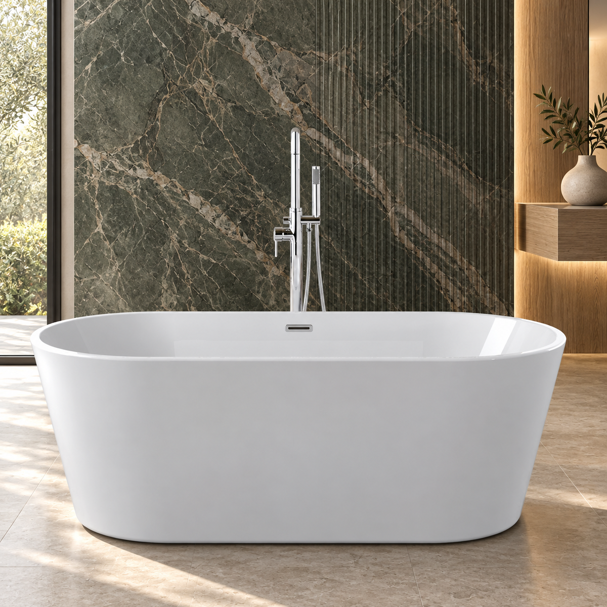 Banevo Coast white freestanding bath with chrome tap in a contemporary stone bathroom