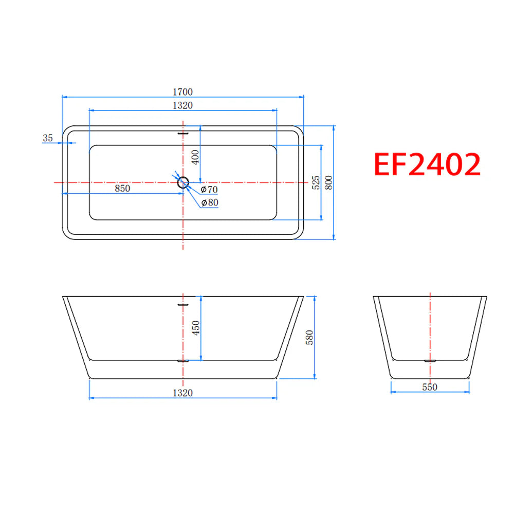 Technical drawing of square freestanding bath 1700 x 800mm with dimensions and measurements