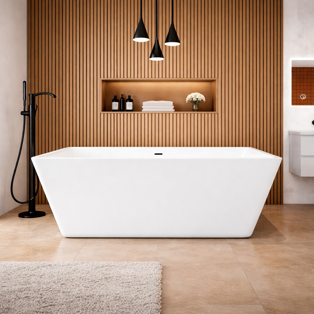 Modern square freestanding bath with clean angular lines and double ended shape