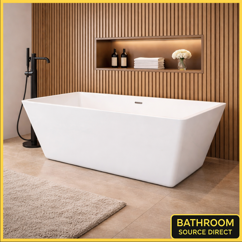 Square freestanding double ended bath 1700 x 800mm in gloss white acrylic with modern bathroom setting