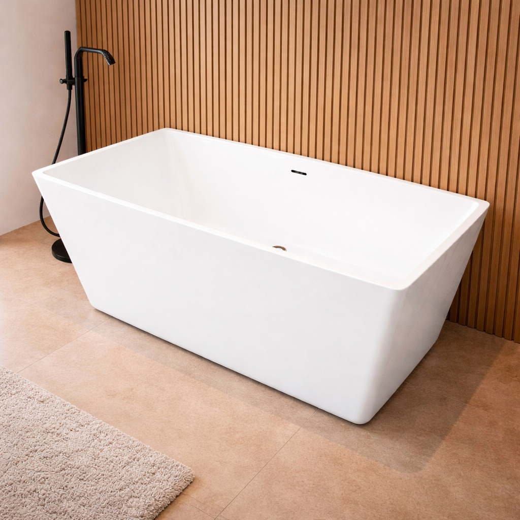 Banevo square freestanding bath with oak slat wall and warm matte flooring modern bathroom design