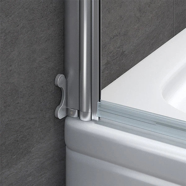 Close up of pivot hinge mechanism on curved bath shower screen chrome