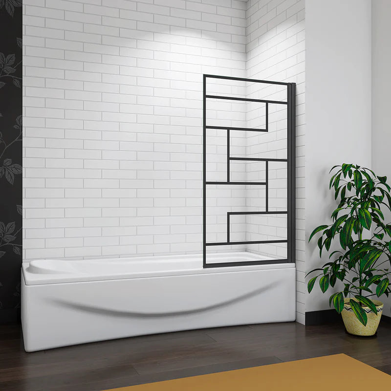 Black Abstract Grid Framed Bath Shower Screen Installed Over Bath In Modern White Tiled Bathroom With Plant